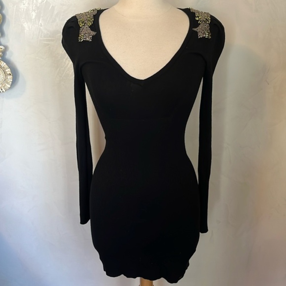 Guess Black sweater knit dress w/long sleeves & embellished shoulders Size Small
